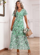 Light Green dresses,Floral dresses,Plants dresses,Party dresses,Elegant dresses,Zipper Floral Print Light Green Maxi V Neck Dress