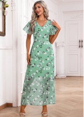 Light Green dresses,Floral dresses,Plants dresses,Party dresses,Elegant dresses,Zipper Floral Print Light Green Maxi V Neck Dress
