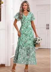 Light Green dresses,Floral dresses,Plants dresses,Party dresses,Elegant dresses,Zipper Floral Print Light Green Maxi V Neck Dress