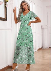 Light Green dresses,Floral dresses,Plants dresses,Party dresses,Elegant dresses,Zipper Floral Print Light Green Maxi V Neck Dress