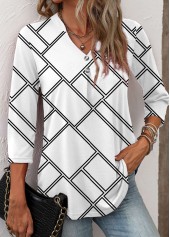 White tops,Geometric tops,Striped tops,ROTITA Button Geometric Print White Split Neck T Shirt