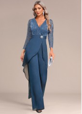 Peacock Blue jumpsuits&rompers,Plain Color jumpsuits&rompers,ROTITA Lace Peacock Blue Long V Neck Jumpsuit