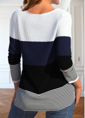Black tops,White tops,Striped tops,Geometric tops,ROTITA Patchwork Striped Black Round Neck Long Sleeve T Shirt
