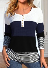 ROTITA Patchwork Striped Black Round Neck Long Sleeve T Shirt