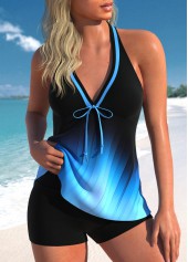 Blaues Ombre-Tankini-Set mit Schleife und V-Ausschnitt