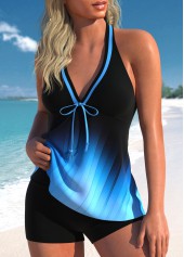 Blue swimwear,Ombre swimwear,ROTITA Bowknot V Neck Blue Ombre Tankini Top