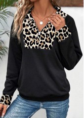 Black tops,Leopard tops,ROTITA Patchwork Leopard Black Turn Down Collar Long Sleeve Sweatshirt