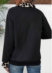 Black tops,Leopard tops,ROTITA Patchwork Leopard Black Turn Down Collar Long Sleeve Sweatshirt