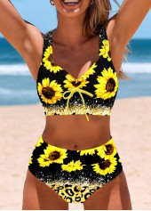 Yellow swimwear,Black swimwear,Floral swimwear,Plants swimwear,Leopard swimwear,ROTITA Bowknot Yellow Floral Print Bikini Set