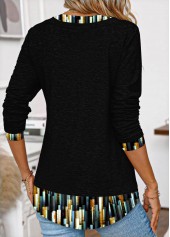 Black tops,Ombre tops,ROTITA Patchwork Ombre Black Split Neck Long Sleeve T Shirt