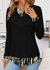 Black tops,Ombre tops,ROTITA Patchwork Ombre Black Split Neck Long Sleeve T Shirt