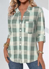 Sage Green tops,Plaid tops,Geometric tops,ROTITA Button Plaid Sage Green Shirt Collar Blouse