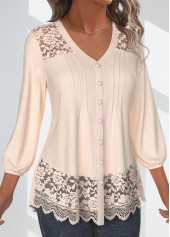 Skin Color tops,Plain Color tops,ROTITA Lace Skin Color V Neck 3/4 Sleeve Blouse