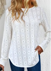 White tops,Plain Color tops,ROTITA Button White Round Neck Long Sleeve T Shirt