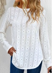 White tops,Plain Color tops,ROTITA Button White Round Neck Long Sleeve T Shirt