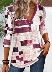 Dark Reddish Purple tops,Raw white tops,Geometric tops,Striped tops,ROTITA Button Geometric Print Dark Reddish Purple T Shirt