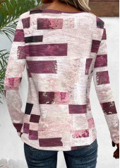 Dark Reddish Purple tops,Raw white tops,Geometric tops,Striped tops,ROTITA Button Geometric Print Dark Reddish Purple T Shirt