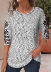 Hellgrau meliertes Rotita-Patchwork-T-Shirt mit Rundhalsausschnitt