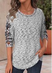 Light Grey Marl tops,Plain Color tops,ROTITA Patchwork Light Grey Marl Round Neck T Shirt