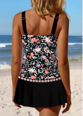 Black swimwear,Plants swimwear,Floral swimwear,Ditsy Floral swimwear,ROTITA Patchwork Black Random Floral Print Tankini Set