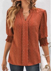blouse rotita jacquard rouge brique à col fendu et manches mi-longues