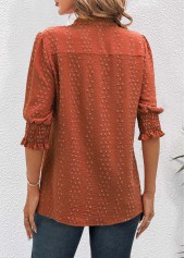 Brick Red tops,Plain Color tops,ROTITA Jacquard Brick Red Split Neck Half Sleeve Blouse