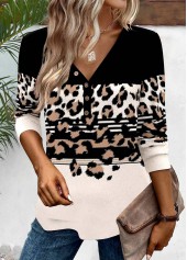 Black tops,Skin Color tops,Leopard tops,Striped tops,Geometric tops,ROTITA Patchwork Leopard Black V Neck Long Sleeve T Shirt