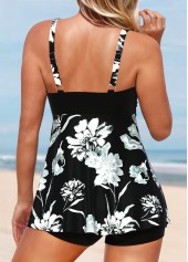 Black swimwear,Floral swimwear,Plants swimwear,ROTITA Surplice Black Floral Print Tankini Set