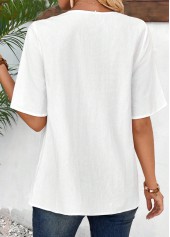White tops,Plain Color tops,ROTITA Embroidery White V Neck Half Sleeve Blouse