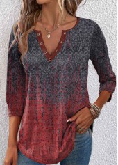 rotita eyelet ombre vin rouge t-shirt à col fendu