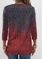 Wine Red tops,Ombre tops,ROTITA Eyelet Ombre Wine Red Split Neck T Shirt