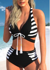 Black swimwear,White swimwear,Striped swimwear,Geometric swimwear,ROTITA Cutout Bowknot Black Striped Bikini Set