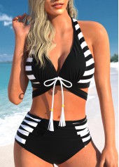 Schwarz gestreiftes Rotita-Bikini-Set mit Schleife und Ausschnitt