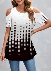 White tops,Geometric tops,Cold Shoulder White Geometric Print T Shirt