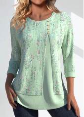 ROTITA Button Geometric Print Light Green Round Neck T Shirt