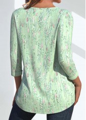 Light Green tops,Geometric tops,Dot tops,ROTITA Button Geometric Print Light Green Round Neck T Shirt