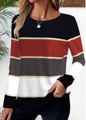ROTITA Striped Deep Red Round Neck Long Sleeve T Shirt