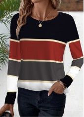 Deep Red tops,Black tops,Striped tops,Geometric tops,ROTITA Striped Deep Red Round Neck Long Sleeve T Shirt