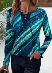 Peacock Blue tops,Ombre tops,Striped tops,Geometric tops,ROTITA Lace Up Ombre Peacock Blue Long Sleeve T Shirt