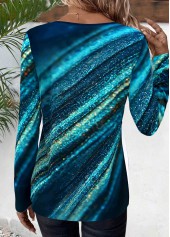 Peacock Blue tops,Ombre tops,Striped tops,Geometric tops,ROTITA Lace Up Ombre Peacock Blue Long Sleeve T Shirt