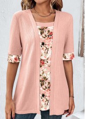 Dusty Pink tops,Plants tops,ROTITA Fake 2in1 Random Floral Print Dusty Pink T Shirt