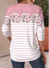 Pink tops,White tops,Floral tops,Plants tops,Striped tops,ROTITA Patchwork Floral Print Pink Round Neck T Shirt