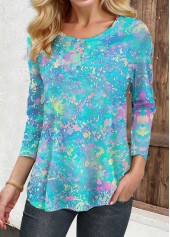 ROTITA Graffiti Print Light Blue Round Neck T Shirt