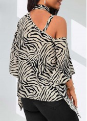 Light Camel tops,Black tops,Animal Print tops,ROTITA Asymmetry Zebra Stripe Print Light Camel Asymmetrical Neck Blouse