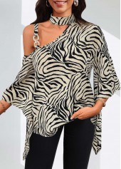 Light Camel tops,Black tops,Animal Print tops,ROTITA Asymmetry Zebra Stripe Print Light Camel Asymmetrical Neck Blouse