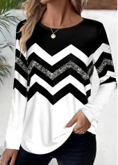 Black tops,White tops,Striped tops,Geometric tops,Chevron tops,ROTITA Patchwork Striped Black Round Neck Long Sleeve T Shirt