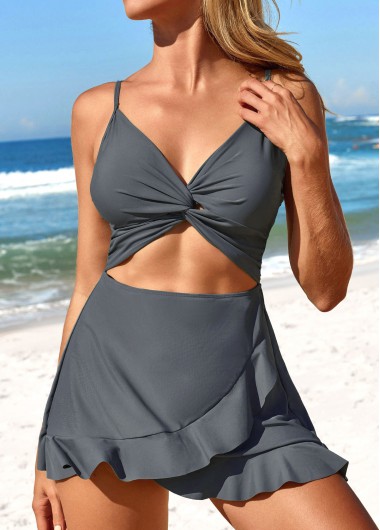 Dark Grey swimwear,Plain Color swimwear,ROTITA Twist Dark Grey One Piece Swimwear