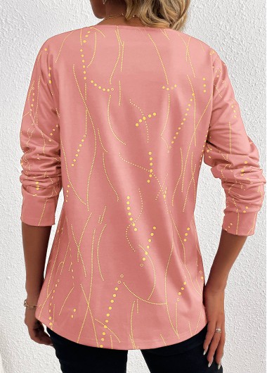 Dusty Pink tops,Geometric tops,Dot tops,Striped tops,ROTITA Button Geometric Print Pink V Neck T Shirt