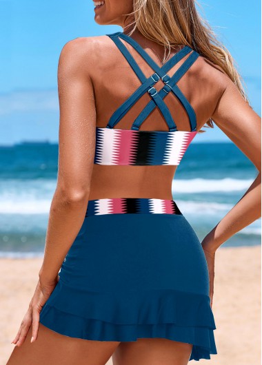Peacock Blue swimwear,White swimwear,Geometric swimwear,Chevron swimwear,ROTITA Drawstring Peacock Blue Geometric Print Bikini Set