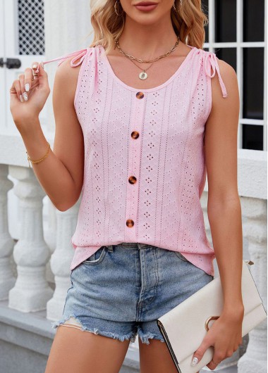 Pink tops,Plain Color tops,Button Pink Scoop Neck Tank Top
